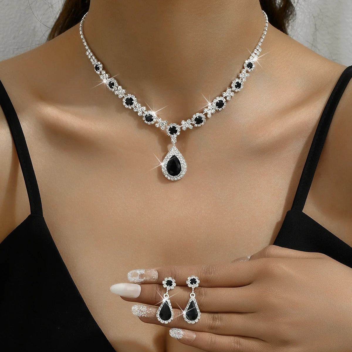 Kaylee - Crystal Droplet Necklace with Earrings Set