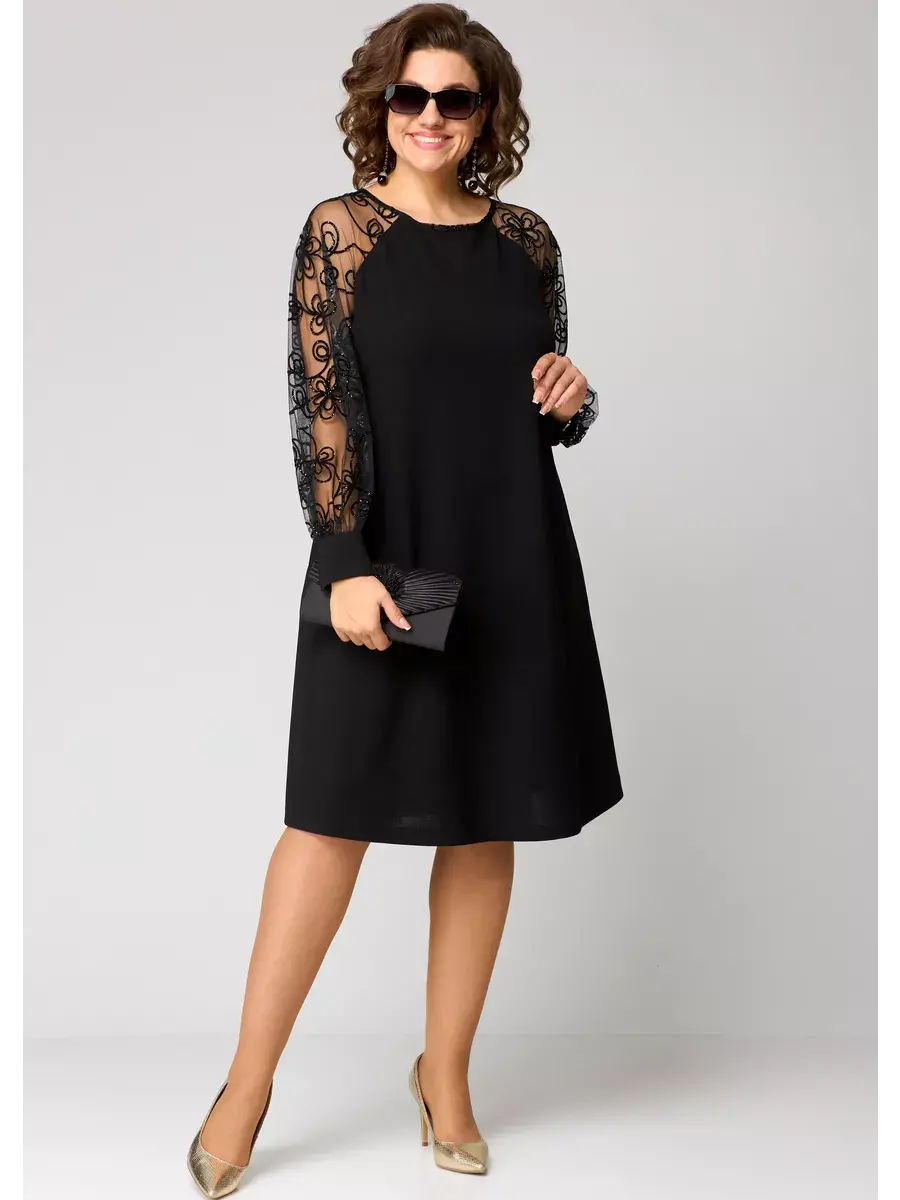 Lidia - Elegant A-Line Dress with Sheer Embroidered Sleeves