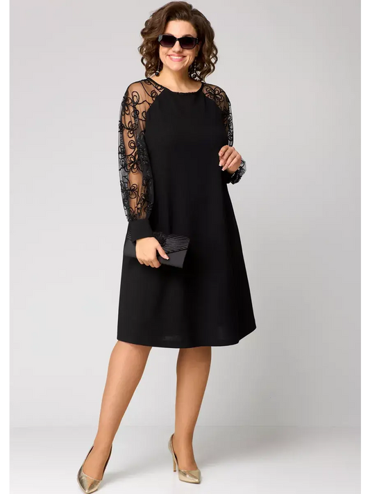 Lidia - Elegant A-Line Dress with Sheer Embroidered Sleeves