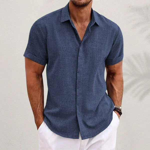 Airy men's linen shirt with short sleeves – Matteo-Dark blue-S-State of Style