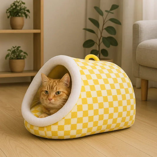 Soft Plush Pet Bed | Cozy Anti-Anxiety Cat & Dog Cave | Checkered Design