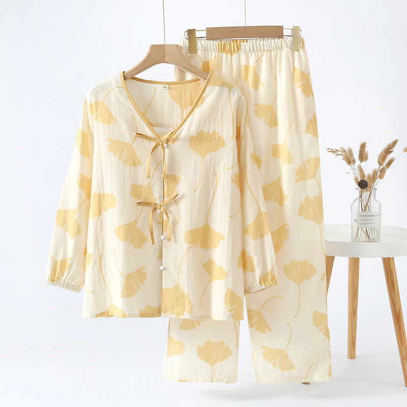 Pyjama Décontracté Élégant Femme à Feuilles de Ginkgo – Ensemble 2 Pièces Léger et Doux en Coton avec Noeud Décoratif et Coupe Ample
