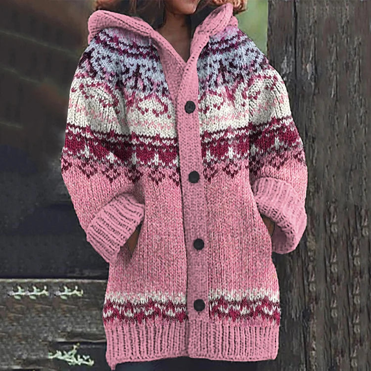 Azlea Gilet à Capuche Femme – Motif Géométrique Multicolore & Boutons Frontaux