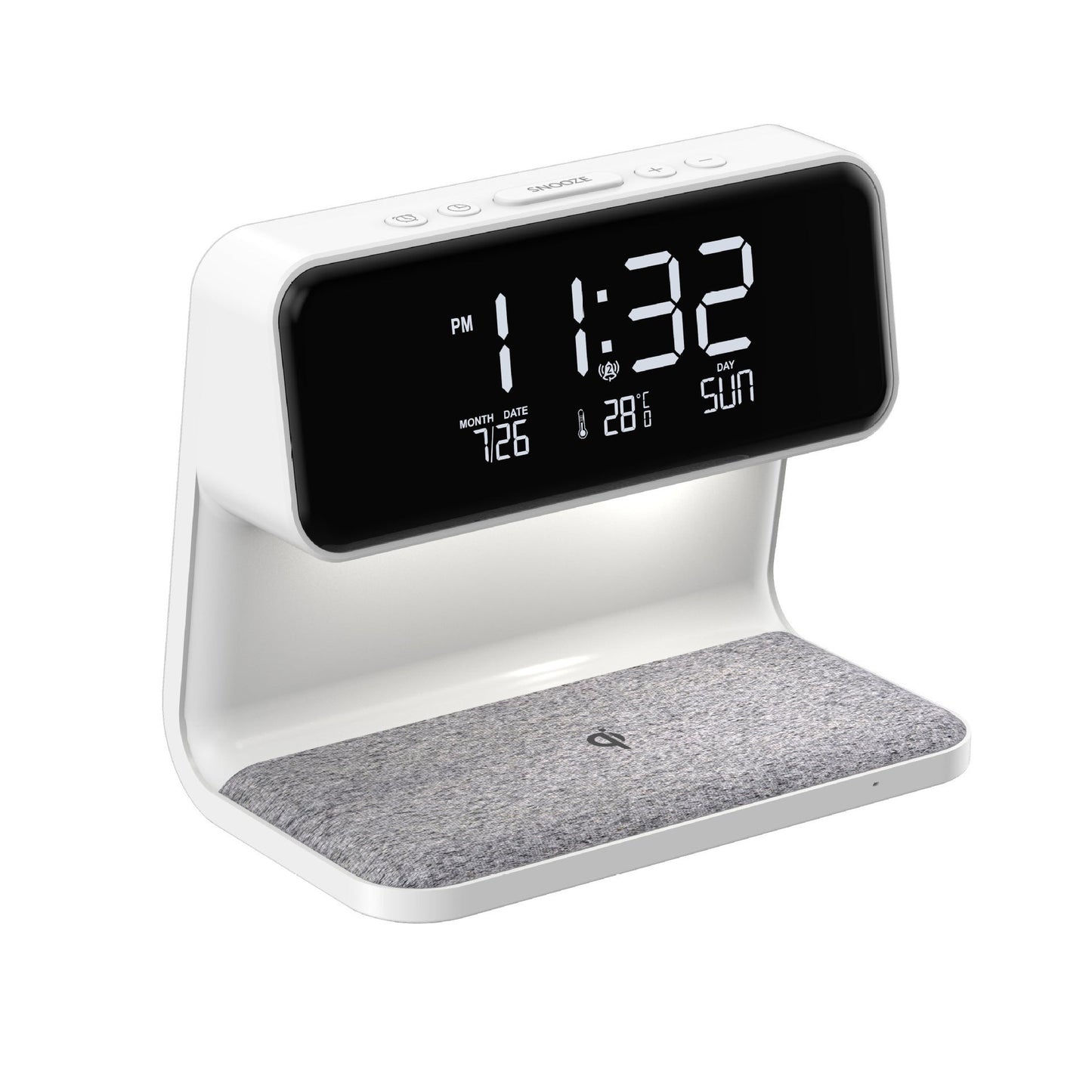 Sengelampe 3-i-1 med Trådløs Opladning – Dæmpbar Touchkontrol og Indbygget Alarmdisplay
