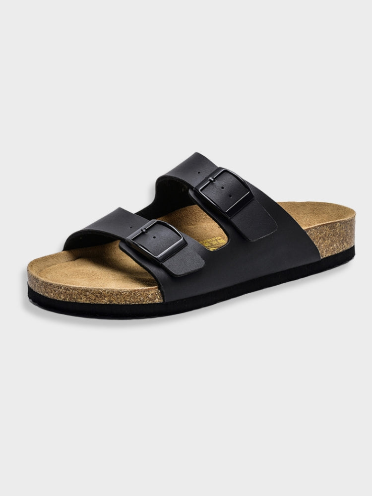 Sort lædersandal med to justerbare remme og korksål, komfortabel fodtøj til sommerbrug. Ideel til afslappet stil og daglig komfort.