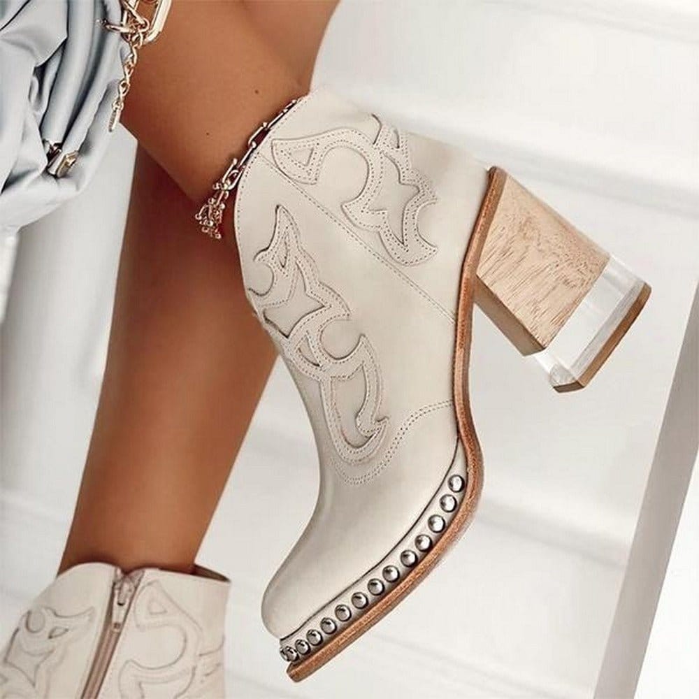 Ankle Boot Western Leather Women's Sculpted Block Heel with Studded Accents