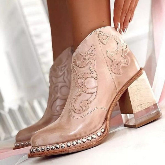 Ankle Boot Western Leather Women's Sculpted Block Heel with Studded Accents