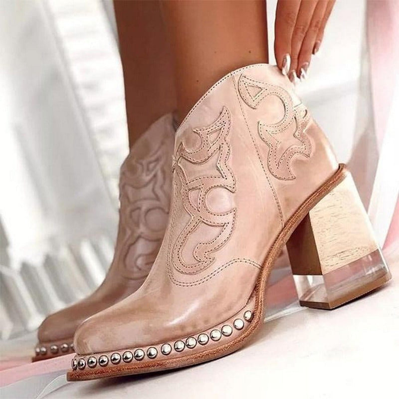 Ankle Boot Western Leather Women's Sculpted Block Heel with Studded Accents