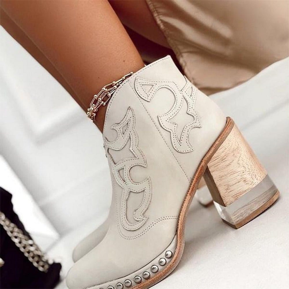 Ankle Boot Western Leather Women's Sculpted Block Heel with Studded Accents