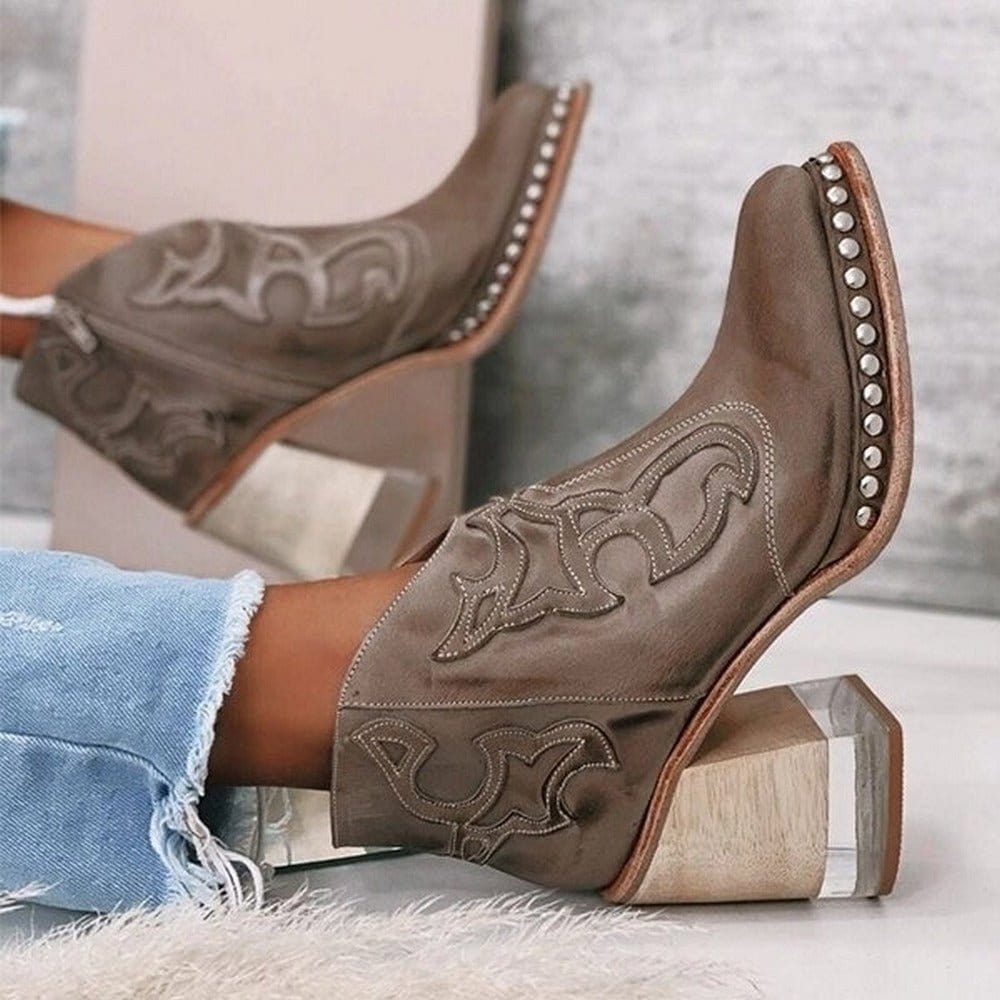 Ankle Boot Western Leather Women's Sculpted Block Heel with Studded Accents
