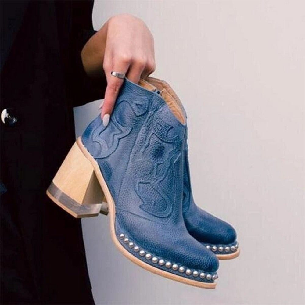 Ankle Boot Western Leather Women's Sculpted Block Heel with Studded Accents