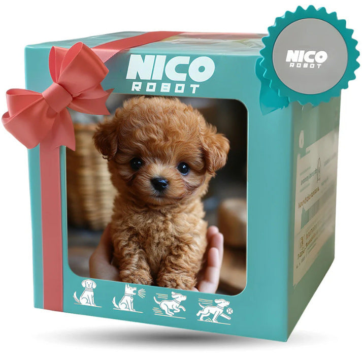Chiot en peluche réaliste dans une boîte cadeau turquoise avec ruban rouge, étiquette "Nico Robot". Jouet interactif pour enfants, cadeau parfait.
