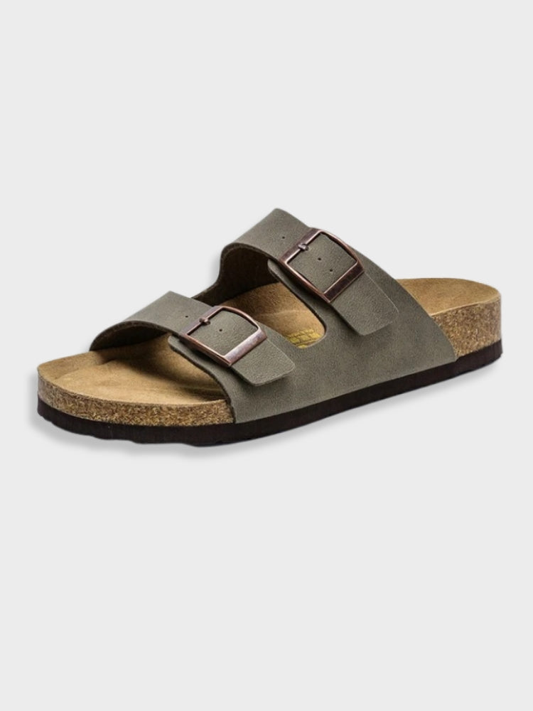 Grå lædersandal med to justerbare spænder og korksål, komfortabelt fodtøj til mænd og kvinder, ideel til sommerbrug og afslappet stil.