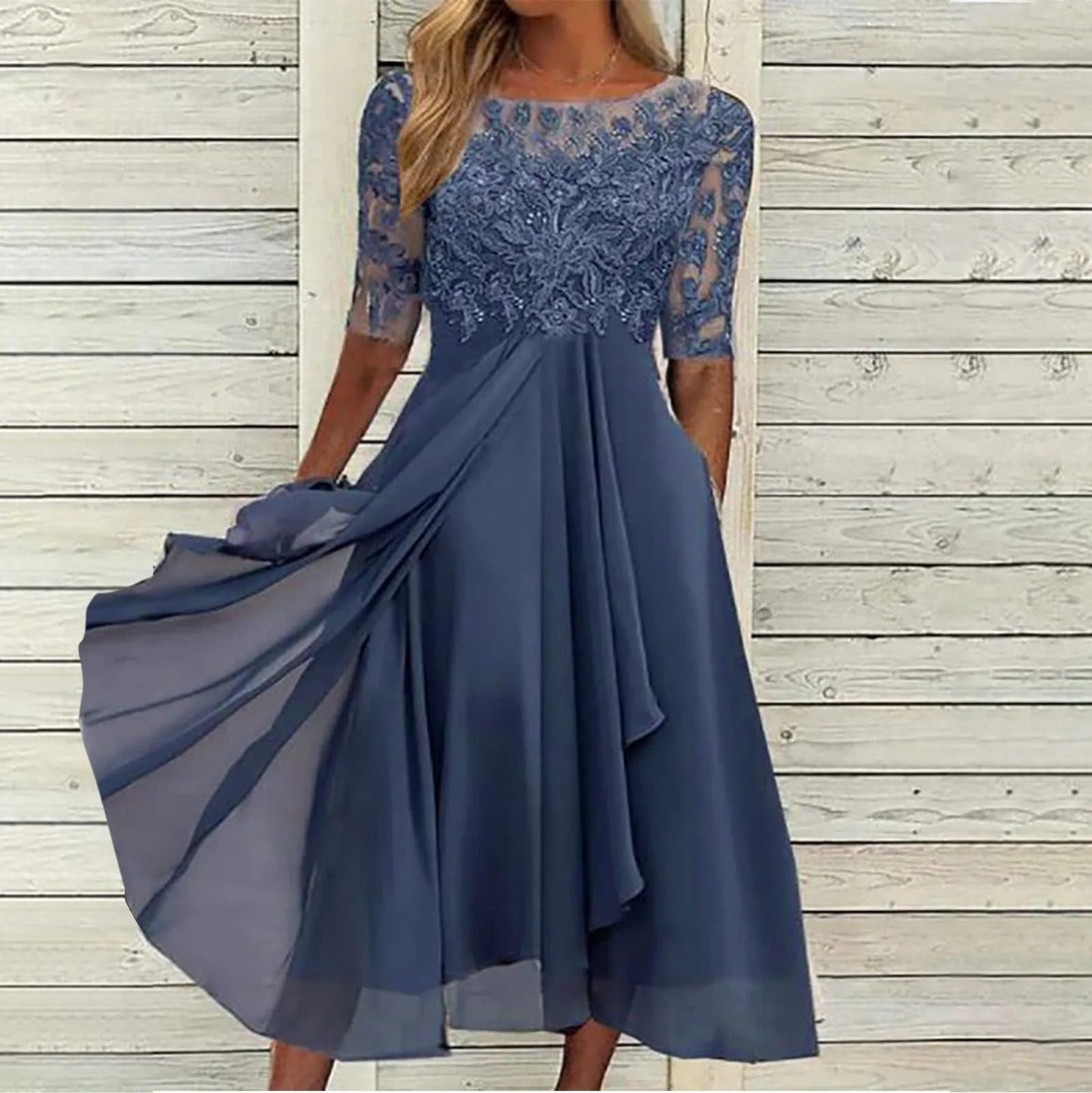 Leni – Rochie de Damă Elegantă din Chiffon cu Top Brodat