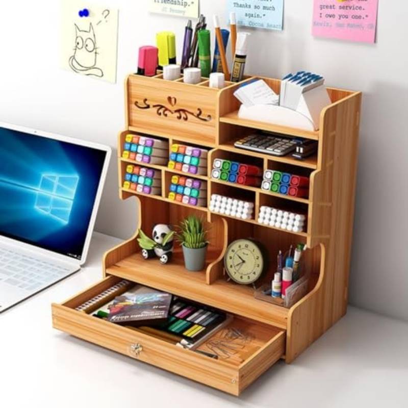 Holz Schreibtisch Organizer mit Schublade und mehreren Fächern