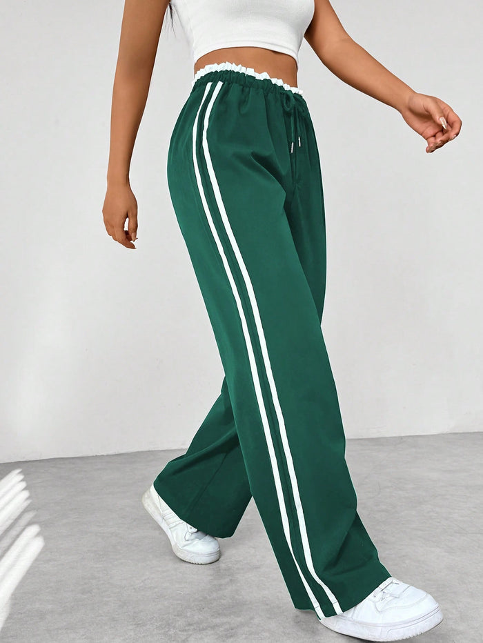 Dames Sportieve High-Waisted Joggingbroek – Zwart met Witte Strepen, Casual Sportkleding voor Vrije Tijd