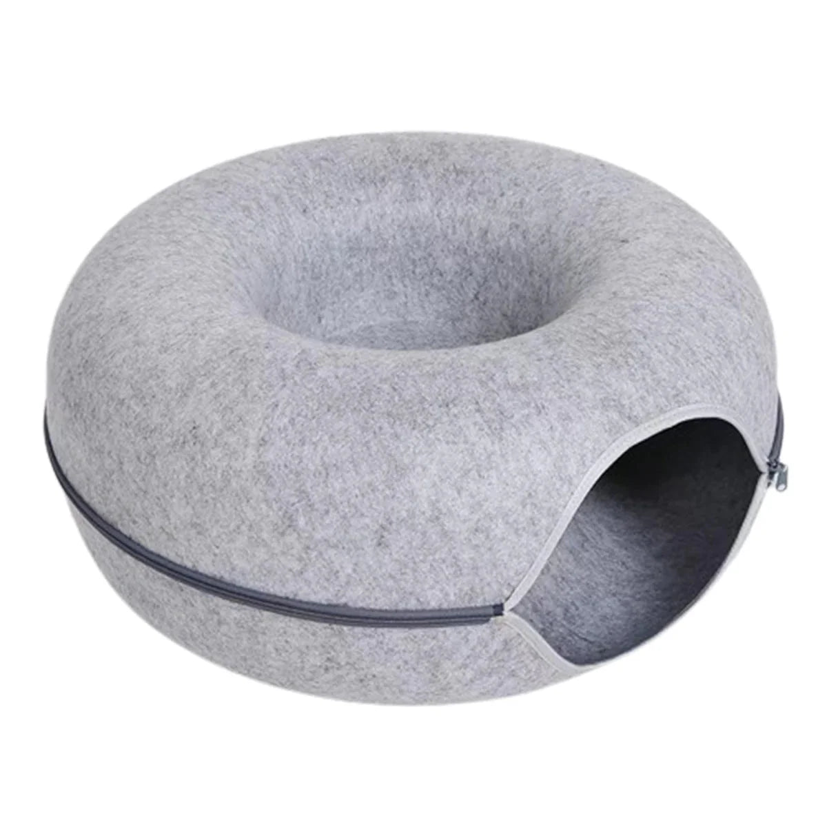 Donut kattenbed van vilt met ademgat - 2 - in - 1 tunnel voor katten en interactieve speeltjes - Hebbr