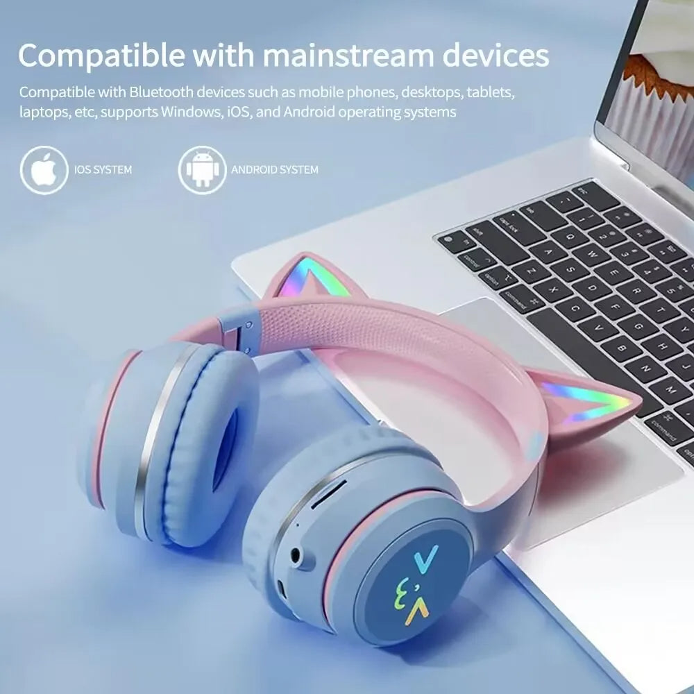 Pink Bluetooth Cat Ear Wireless Foldable Headset Over Headphones For Mobile Accessories