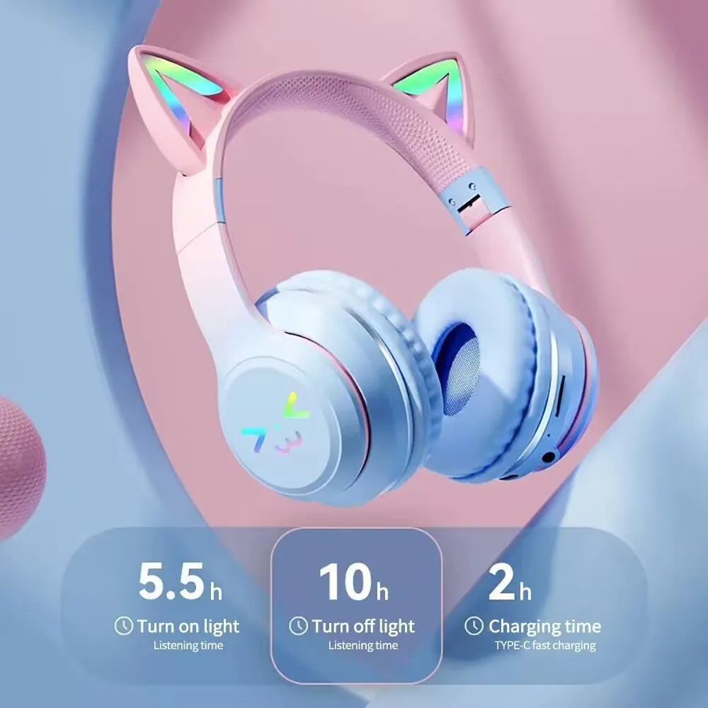 Pink Bluetooth Cat Ear Wireless Foldable Headset Over Headphones For Mobile Accessories