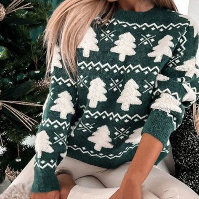 Sweter Damski – Luźny Krój – Wełniany Mix – Wzór Drzewa – Żebrowane Rękawy