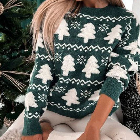 Sweter Damski – Luźny Krój – Wełniany Mix – Wzór Drzewa – Żebrowane Rękawy