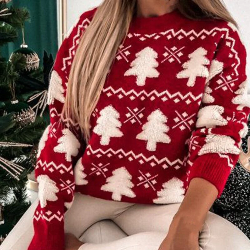 Sweter Damski – Luźny Krój – Wełniany Mix – Wzór Drzewa – Żebrowane Rękawy