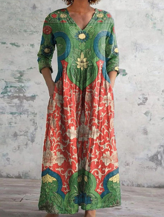 Abriella - Lotus Print Long Dress With Pockets