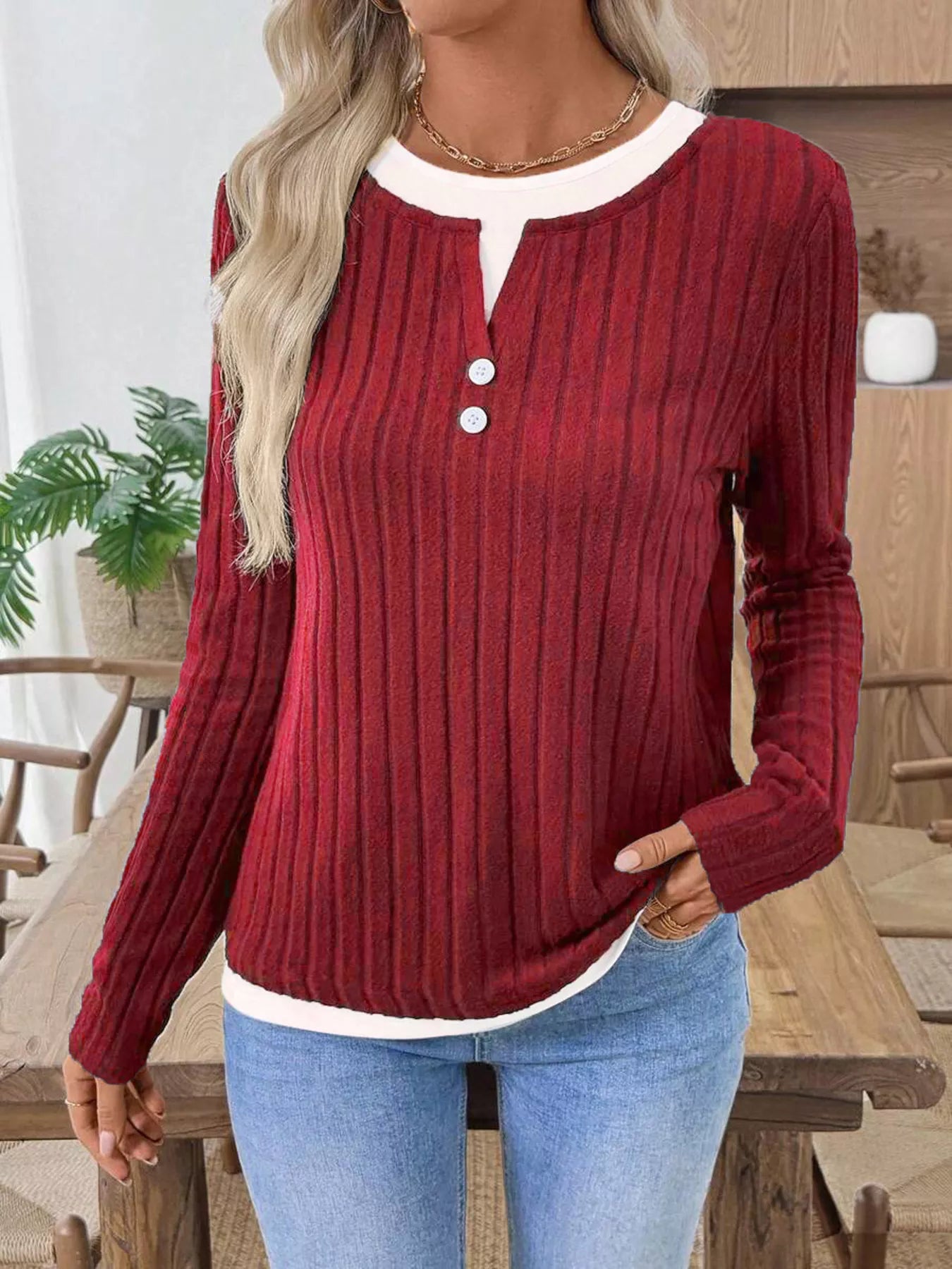 Kalivianne - T-shirt d’Hiver Côtelé à Manches Longues