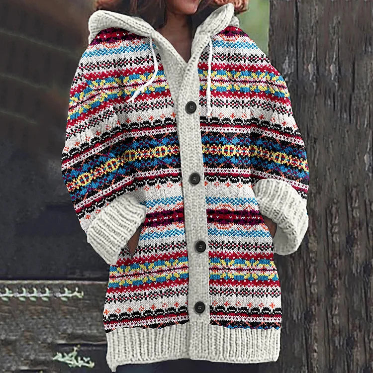Azlea Gilet à Capuche Femme – Motif Géométrique Multicolore & Boutons Frontaux