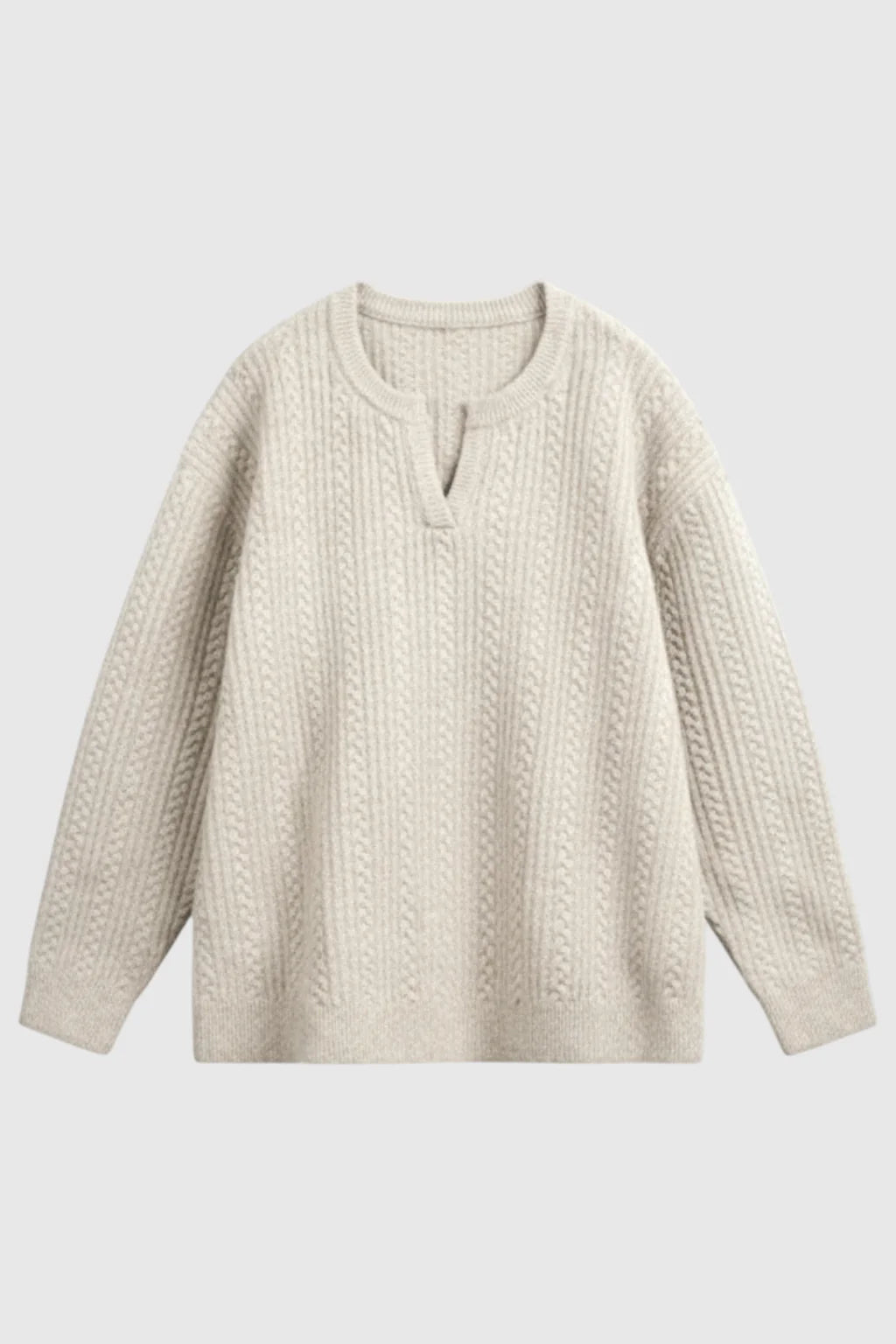 Herrestrik - Kabelstrikket Sweater med Lille V-Hals - Oatmeal - Sweatre - Valmont Wear
