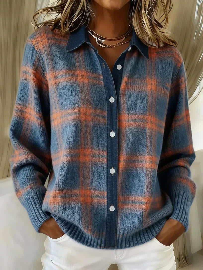 Women’s Plaid Cotton Knit Cardigan – Elegant Long Button-Front Sweater