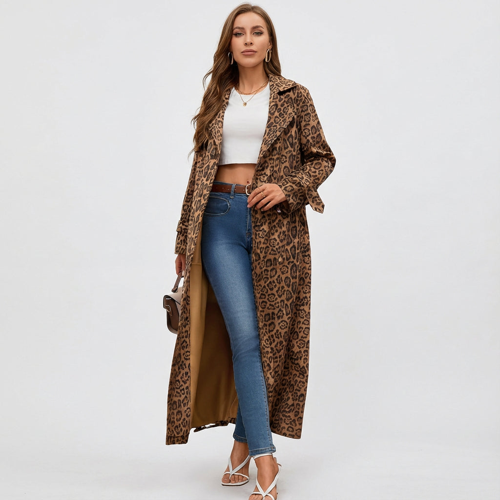 Start This Love Women’s Long Coat | Leopard Print, Belted Waist