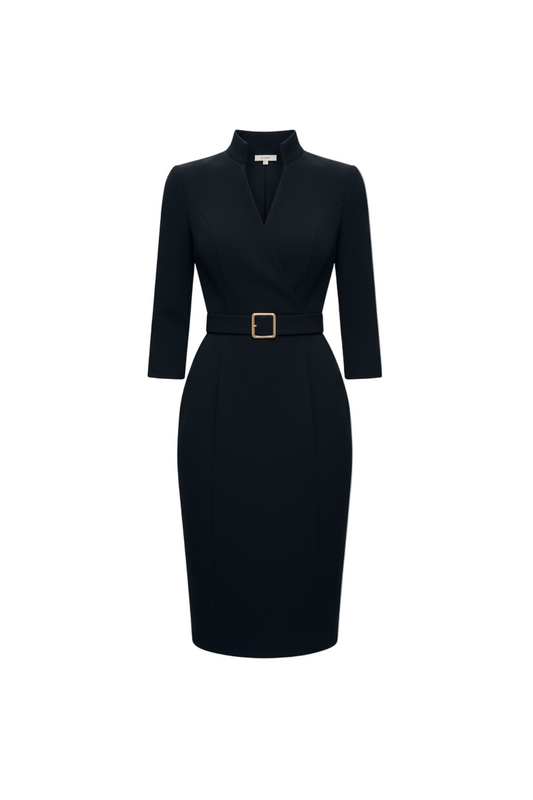 Nora | Verfeinertes Schwarzes Kleid mit Gürtel und Mandarin-Kragen