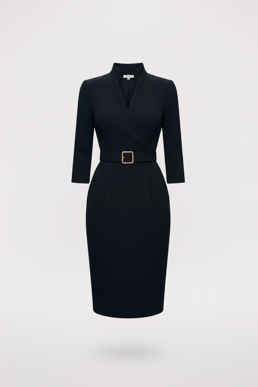 Nora | Verfeinertes Schwarzes Kleid mit Gürtel und Mandarin-Kragen