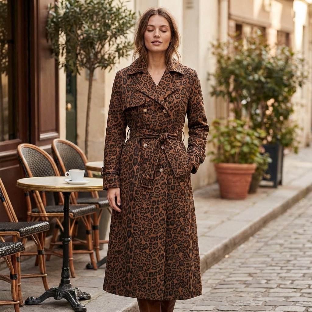 Start This Love Women’s Long Coat | Leopard Print, Belted Waist