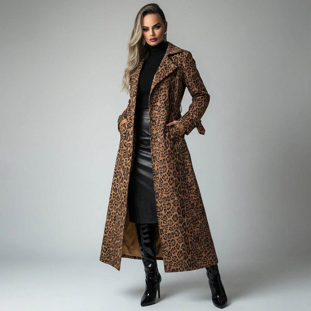 Start This Love Women’s Long Coat | Leopard Print, Belted Waist