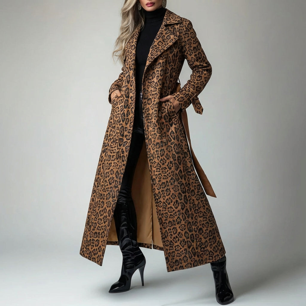 Start This Love Women’s Long Coat | Leopard Print, Belted Waist