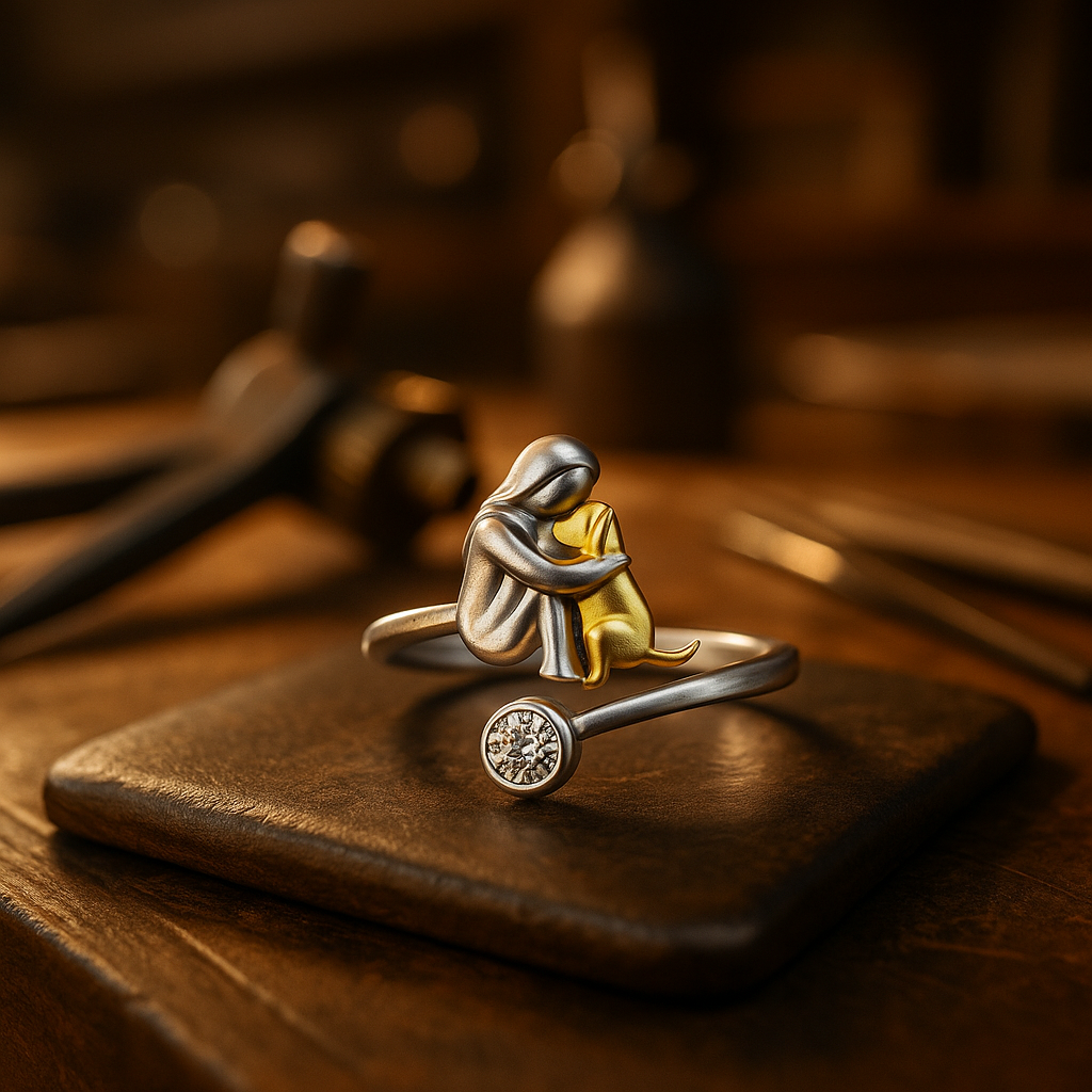 Zilveren ring met hondje en zirkonia steentjes.
