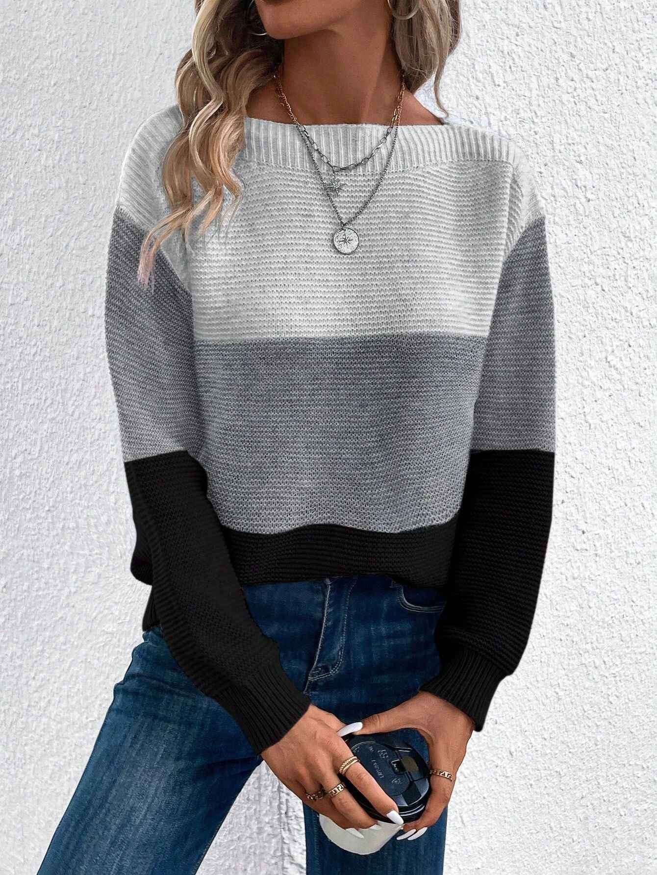 Stilvoller dreifarbiger Damen-Strickpullover für jeden Anlass