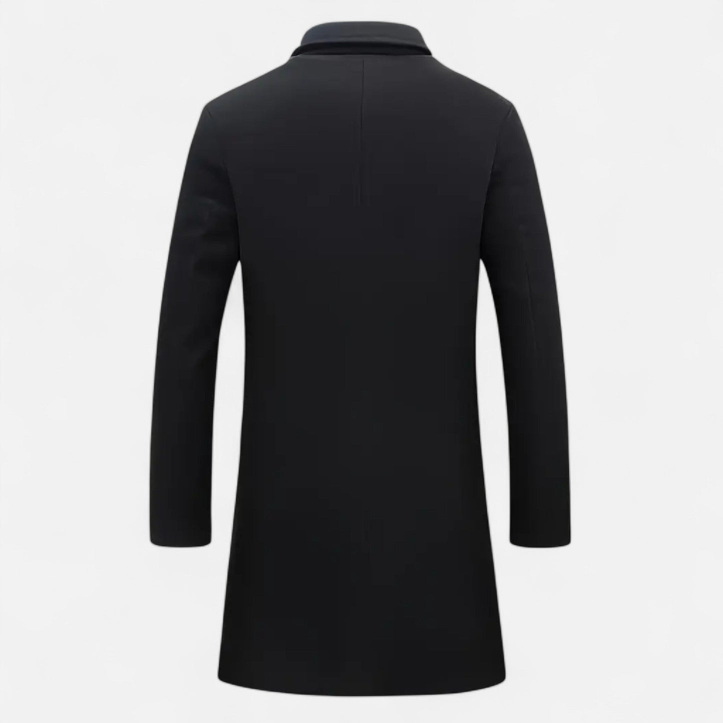 Sort herrefrakke set bagfra, klassisk design, langærmet, velegnet til vintermode. Elegant og tidløs stil til formelle lejligheder.