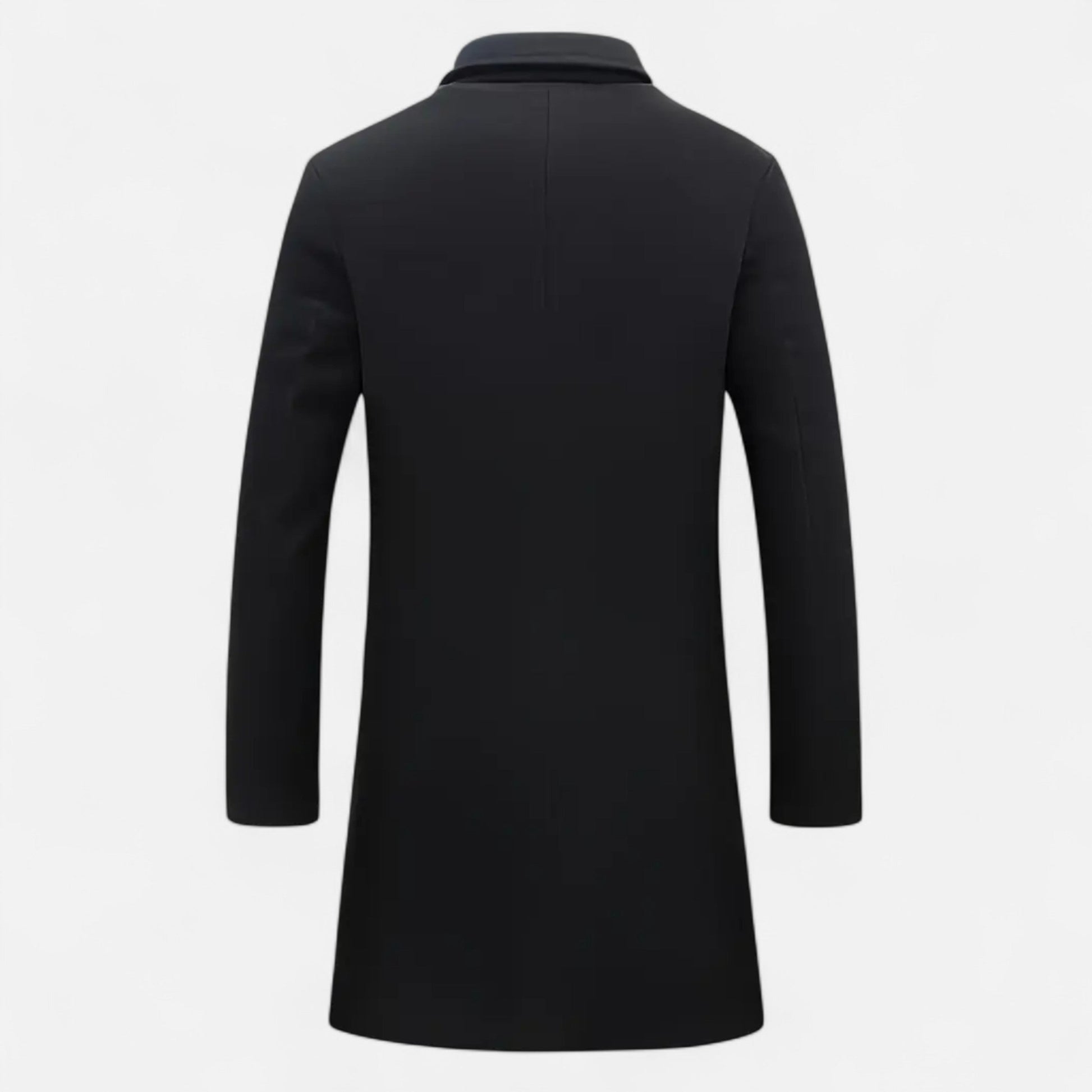 Sort herrefrakke set bagfra, klassisk design, langærmet, velegnet til vintermode. Elegant og tidløs stil til formelle lejligheder.