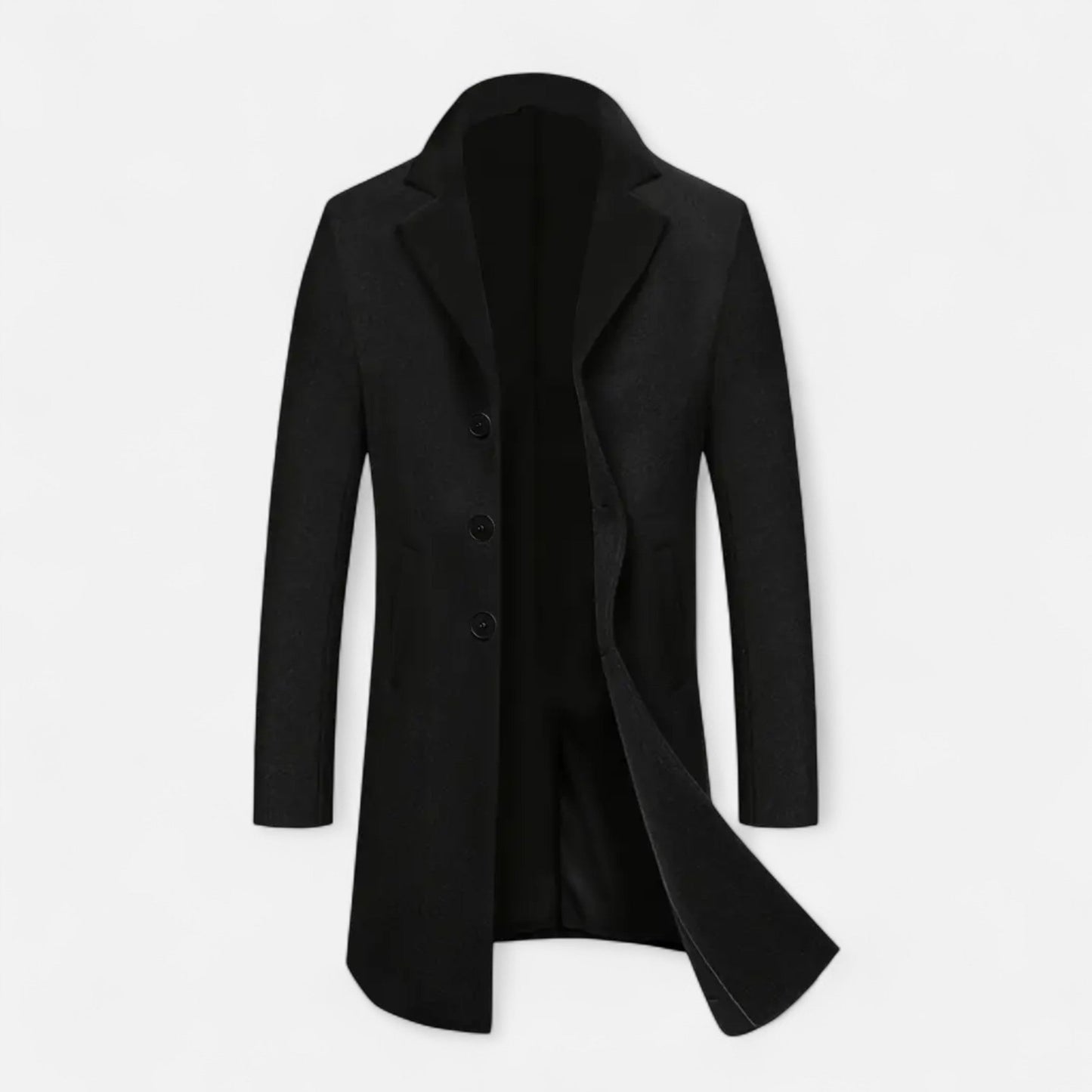 Sort herrefrakke i uld, klassisk design med tre knapper, perfekt til vintermode. Elegant og tidløs jakke til mænd, ideel til formelle anledninger.