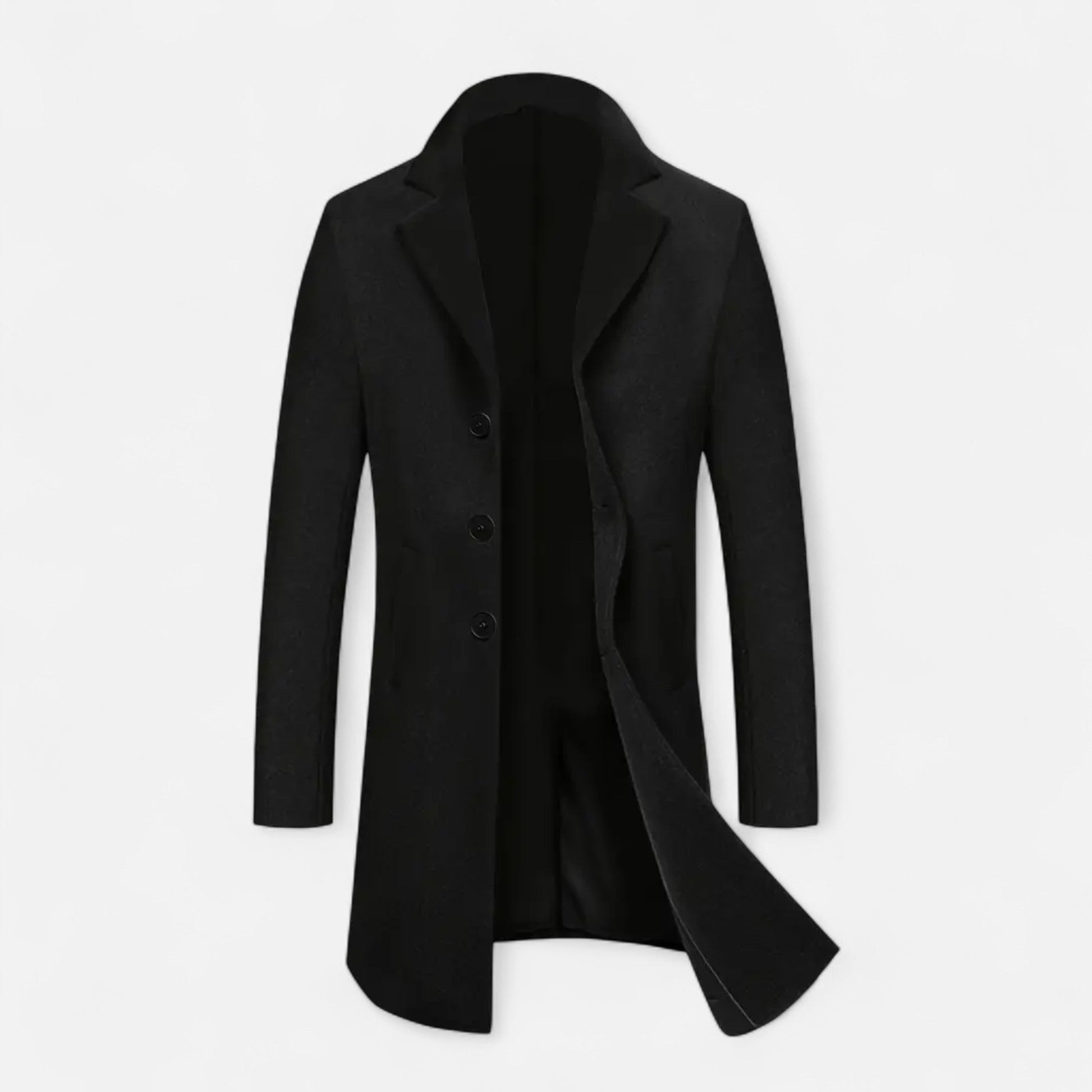Sort herrefrakke i uld, klassisk design med tre knapper, perfekt til vintermode. Elegant og tidløs jakke til mænd, ideel til formelle anledninger.