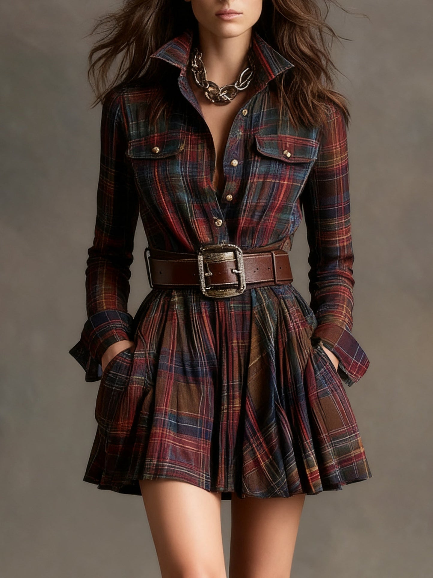 Robe mini vintage à carreaux avec taille marquée - ceinture incluse