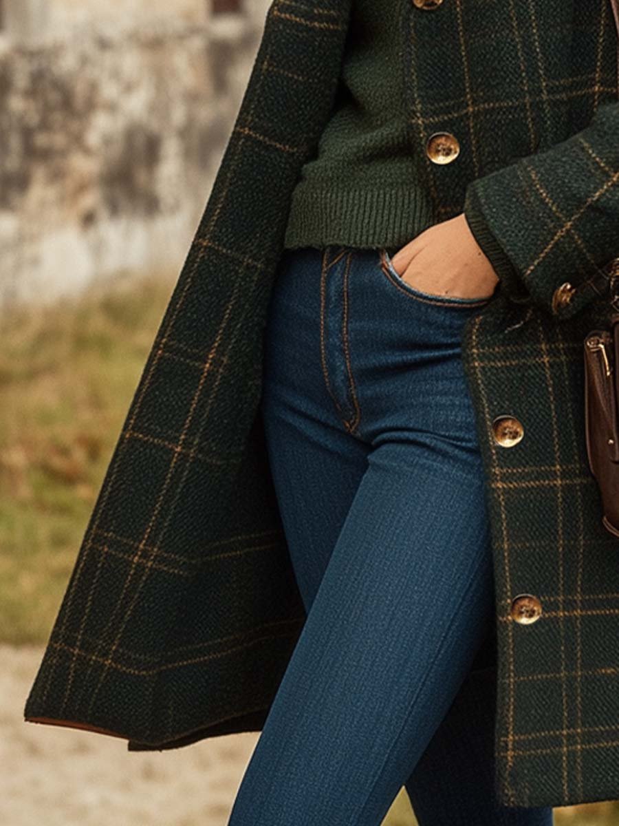 Peyton Manteau Femme Laine – Long Manteau À Carreaux Élégant avec Coupe Ajustée & Chaleur Légère