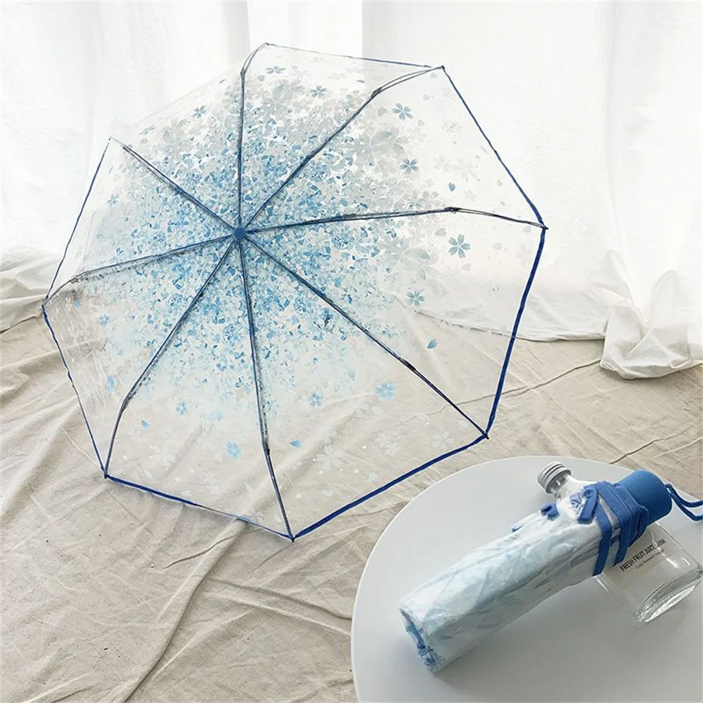Korean Mini Trifold Cherry Blossom Transparent Umbrella For Women Accessories