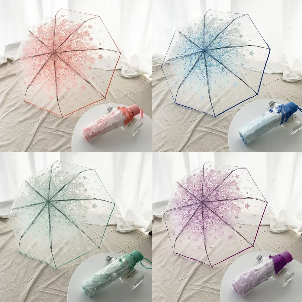 Korean Mini Trifold Cherry Blossom Transparent Umbrella For Women Accessories