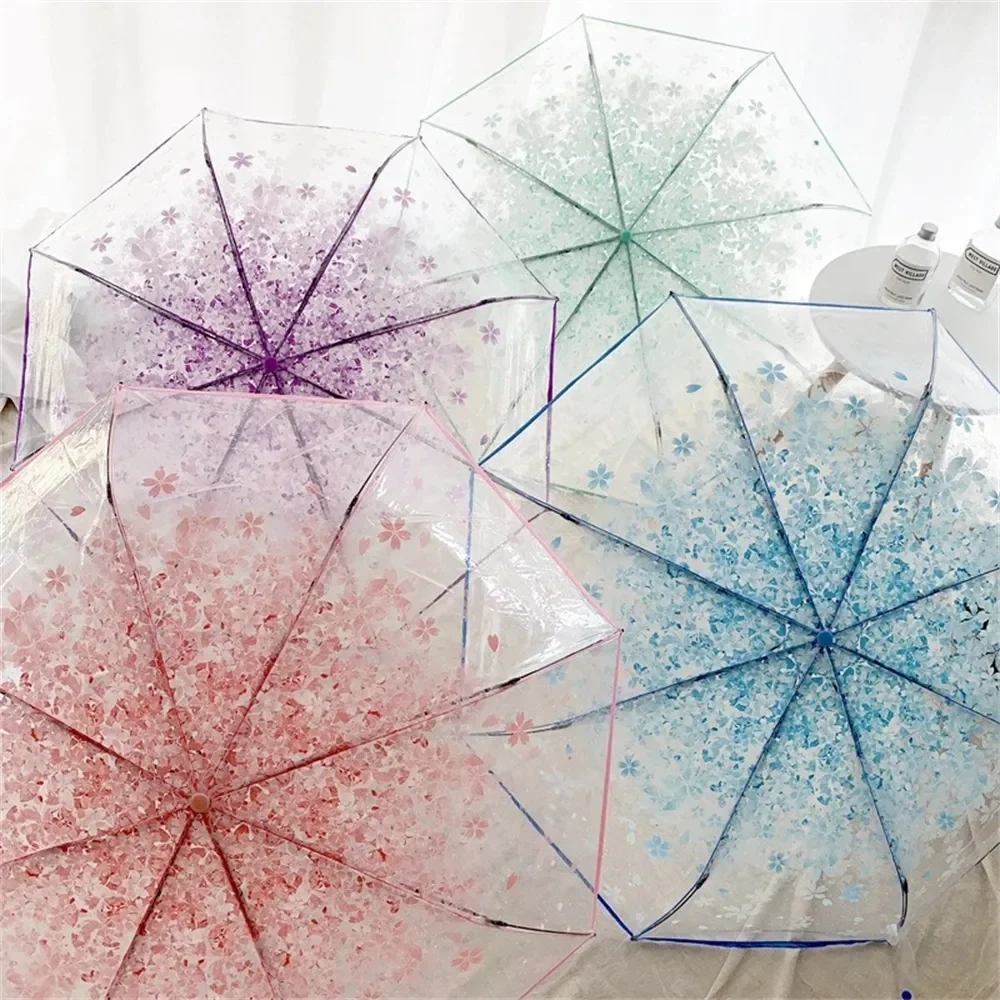 Korean Mini Trifold Cherry Blossom Transparent Umbrella For Women Accessories