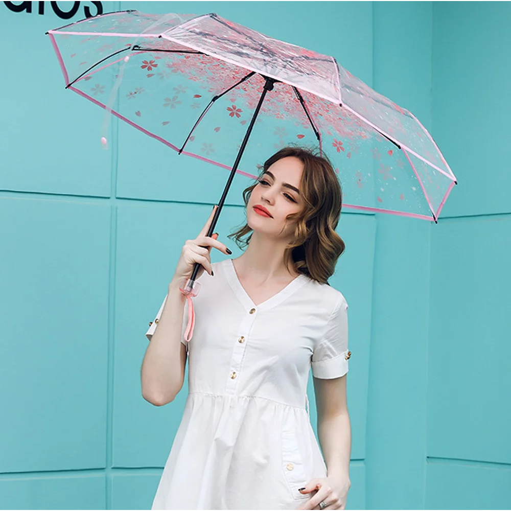 Korean Mini Trifold Cherry Blossom Transparent Umbrella For Women Accessories