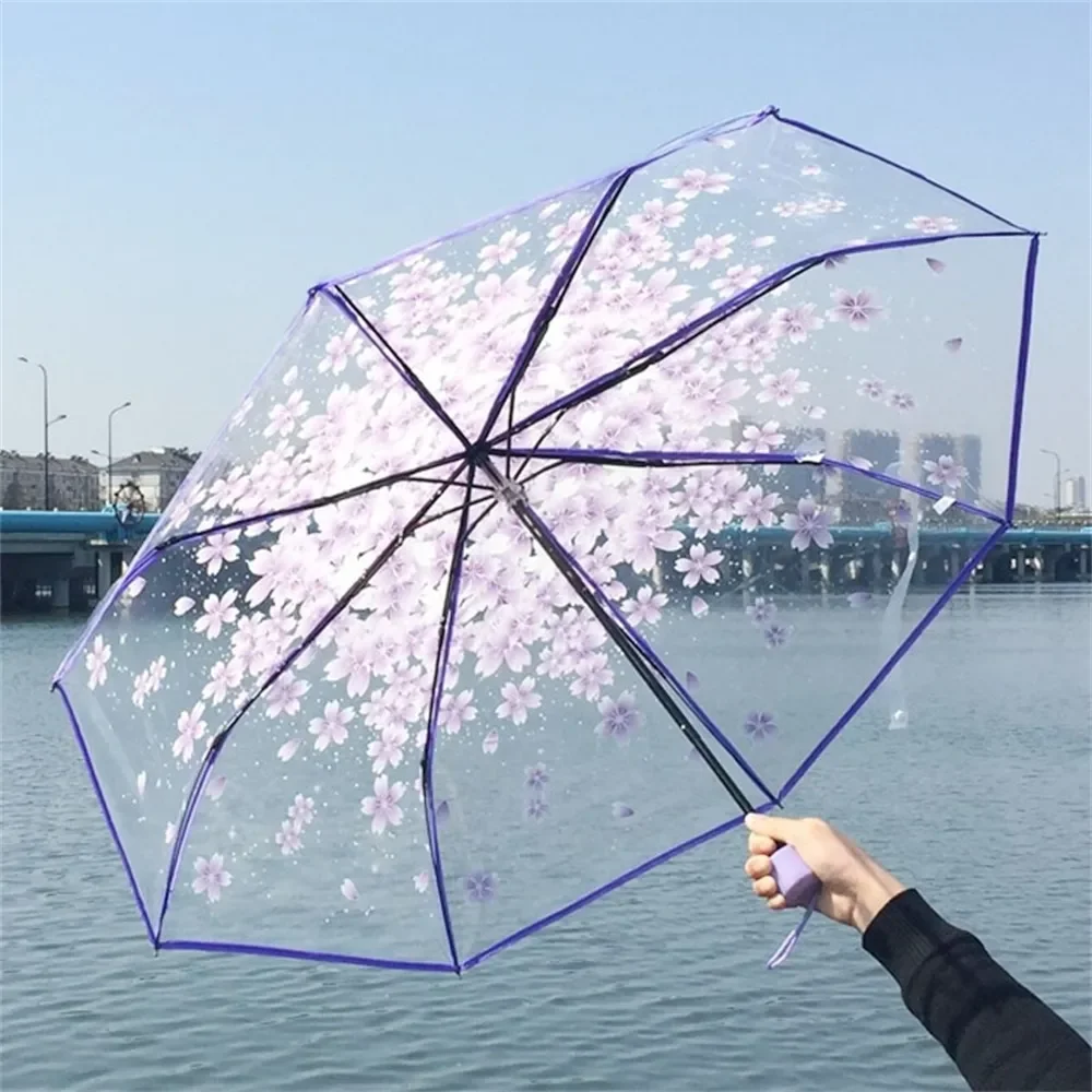 Korean Mini Trifold Cherry Blossom Transparent Umbrella For Women Accessories